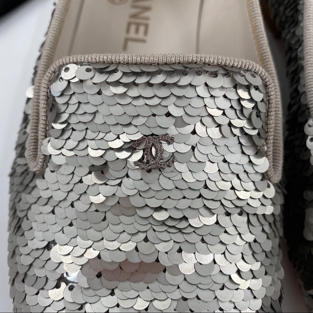 CHANEL | Silver Sequin Loafers Slippers Flats - Picture 9 of 12
